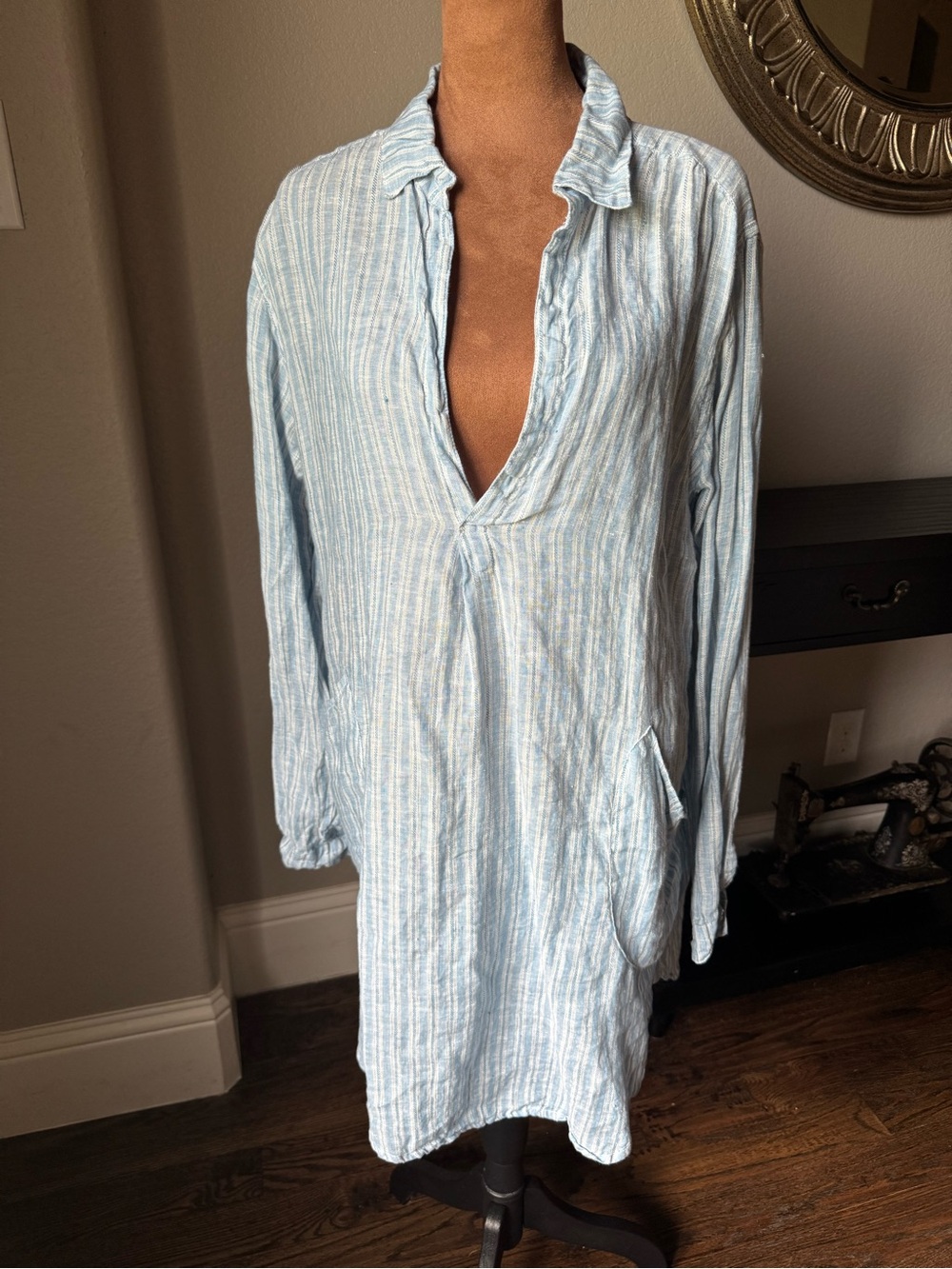 CP Shades 100% Linen Blue White Stripe Tunic Cover Up Pockets USA Small